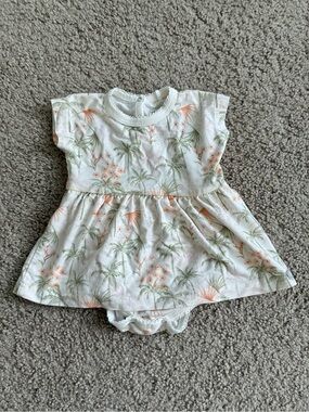 Coccoli Tencel Baby Floral Palm Print Dress Bodysuit - White & Peach